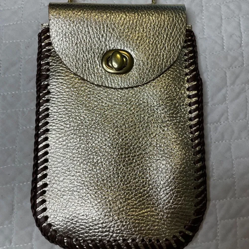 Handmade Custom Gold & Brown Leather Wrap Small Satchel w/ Gold Toned String - Picture 2 of 9